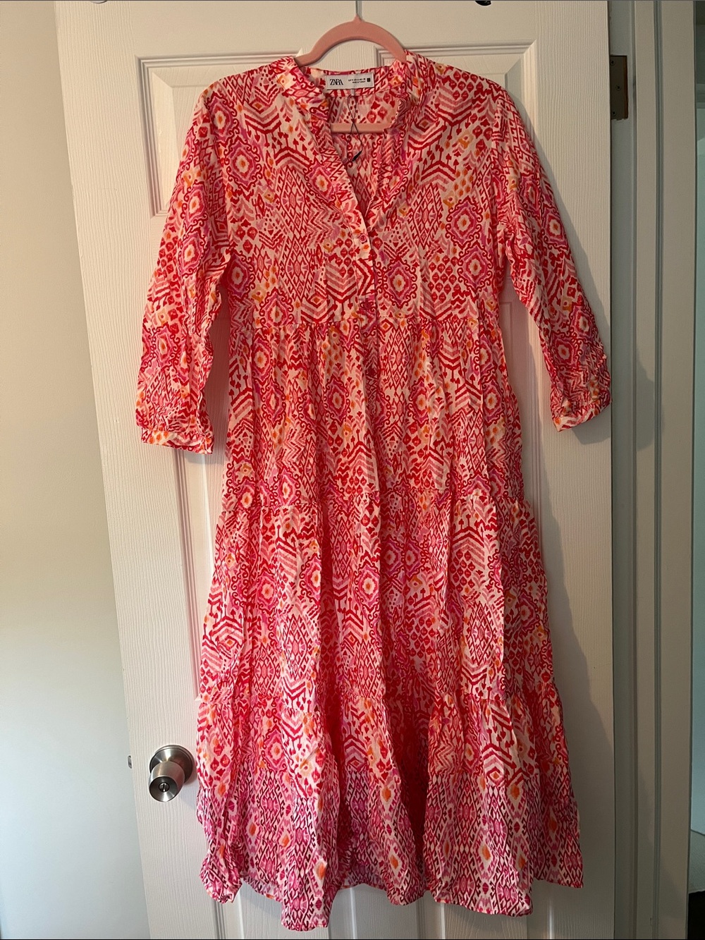 Zara Pink & White Geometric Tiered Maxi Dress